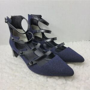 Vtg Tory Burch Womens  Strappy Pump Shoes Size 8 Navy Pointy Toe Zip Back